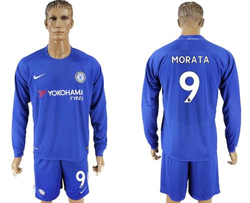 Chelsea #9 Morata Home Long Sleeves Soccer Club Jersey